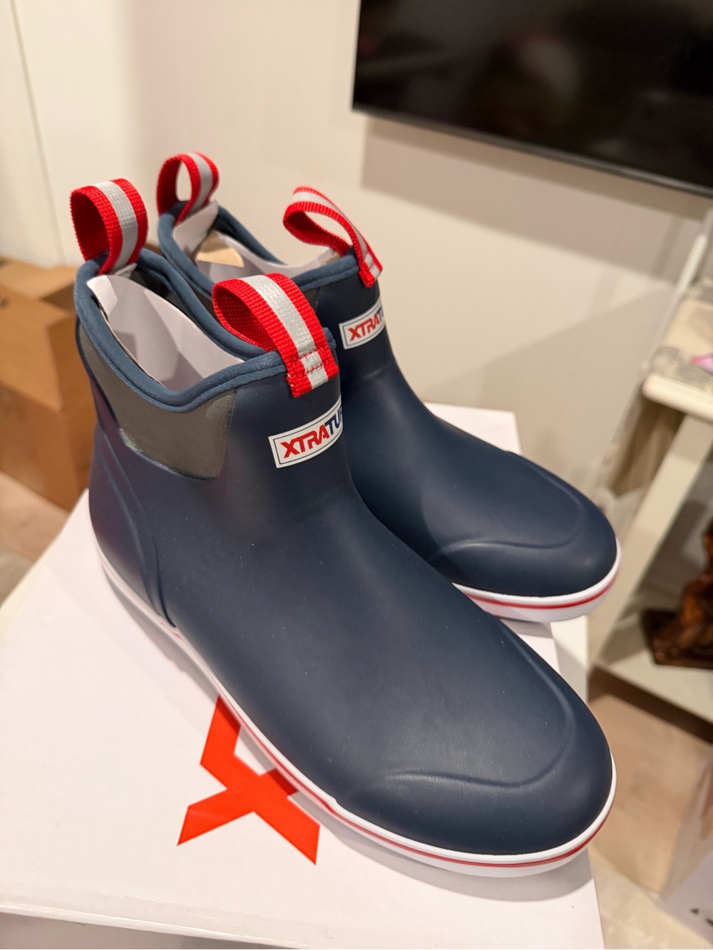 XTRATUF Navy Ankle Rain Boots with Red Pull Tabs